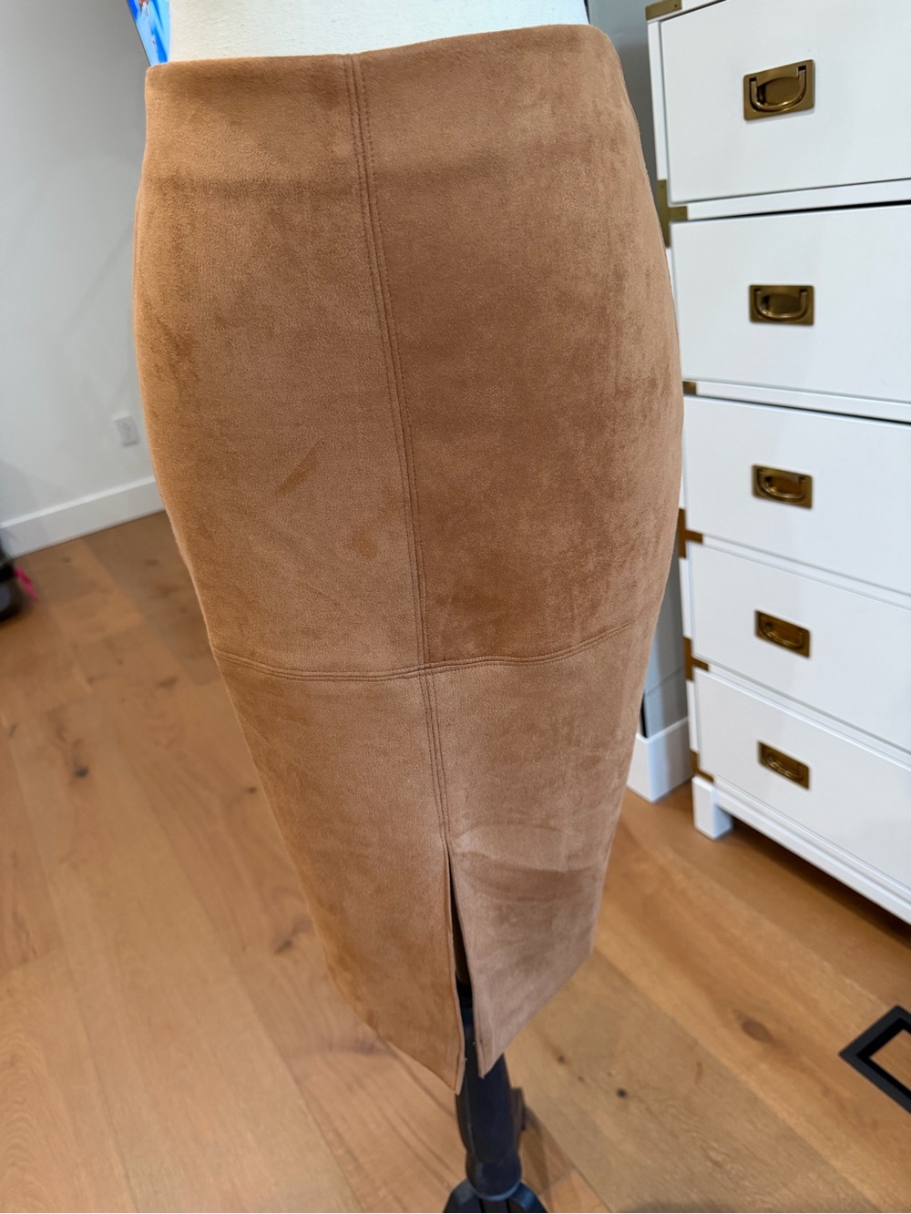 Lulu's Camel Suede Pencil Skirt with Back Slit